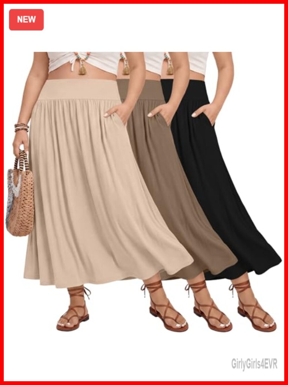 Plus Size Maxi Skirt 3 Pack A-Line High Waisted Pockets Polyester Blend